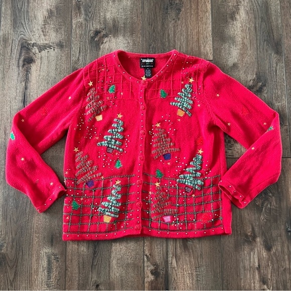 Studio Sweaters - Vintage Studio Chrosmas Cardigan Sweater Womens Red Beaded  Size Medium
